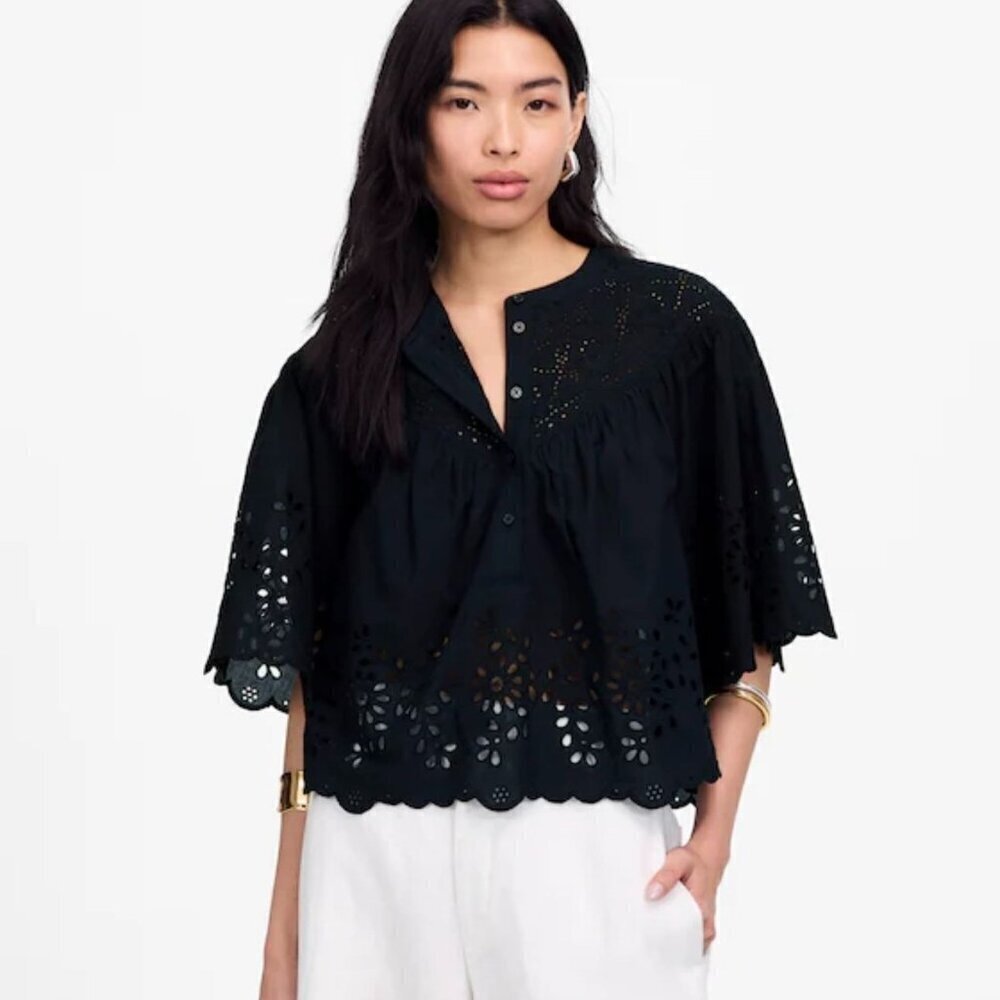 NWT Madewell Black Embroidered Shirred Henley Top - Size: XXS